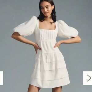 Anthropologie Square Neck Puff Sleeve Tiered off white dress size XS